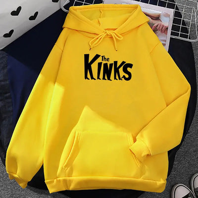 Yellow hoodie with The Kinks logo, perfect for casual wear as part of the Kinks band graphic sweatshirts.